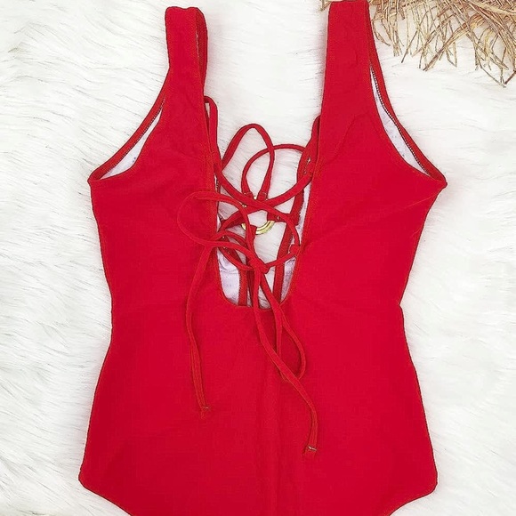 Tag on Red Plunge Lace Up One Piece Swimsuit O Ring Bathing Suits Swimwear - Picture 5 of 8